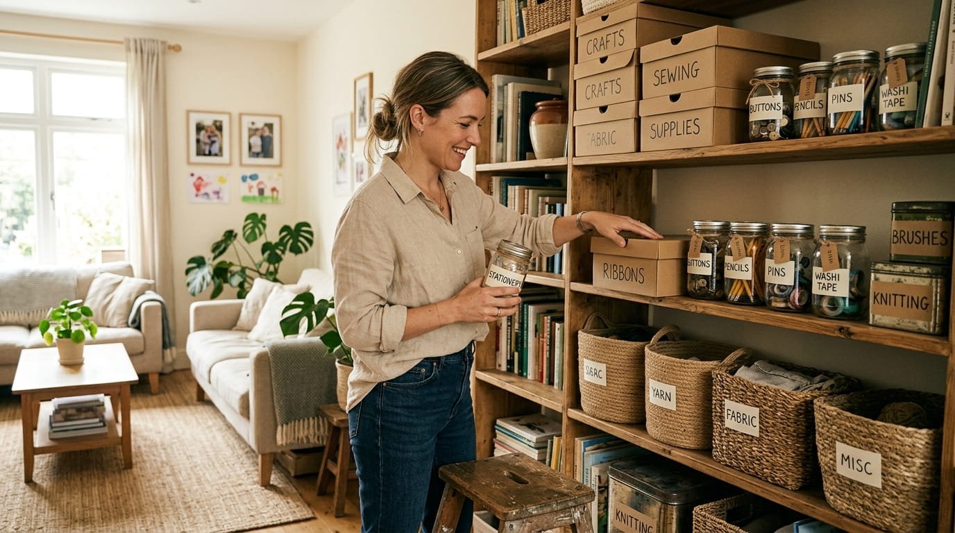 Woman organizing household shelves using mason jars, baskets, and shoeboxes in a cozy naturally lit home without store-bought organizers.