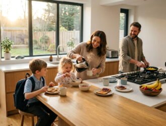 Busy family enjoying a clean and organized kitchen during a bright morning routine in a modern home.