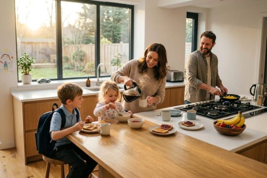 Busy family enjoying a clean and organized kitchen during a bright morning routine in a modern home.