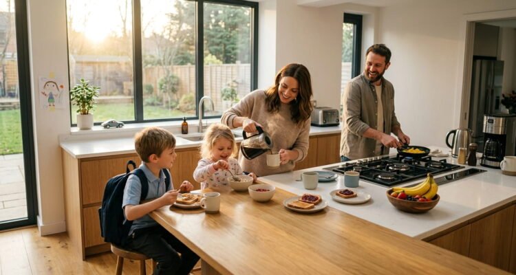 Busy family enjoying a clean and organized kitchen during a bright morning routine in a modern home.
