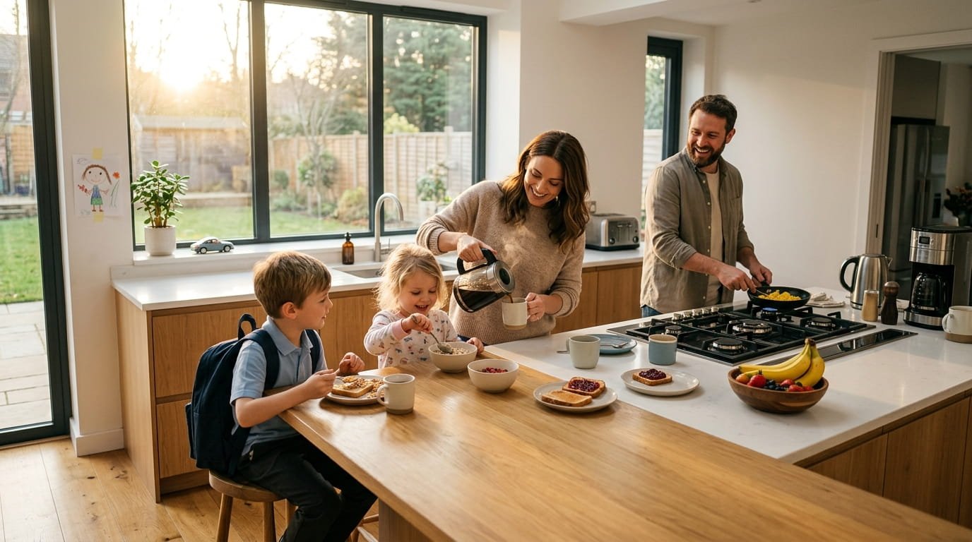 Busy family enjoying a clean and organized kitchen during a bright morning routine in a modern home.