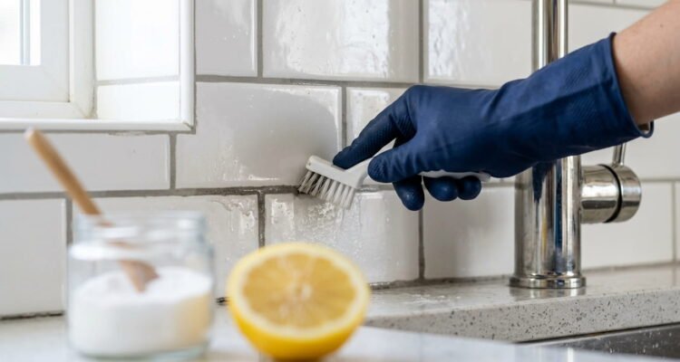 A close-up photograph of a gloved hand using a white brush to scrub the gray grout lines between white subway tiles behind a kitchen faucet, next to a blurred lemon and baking soda.