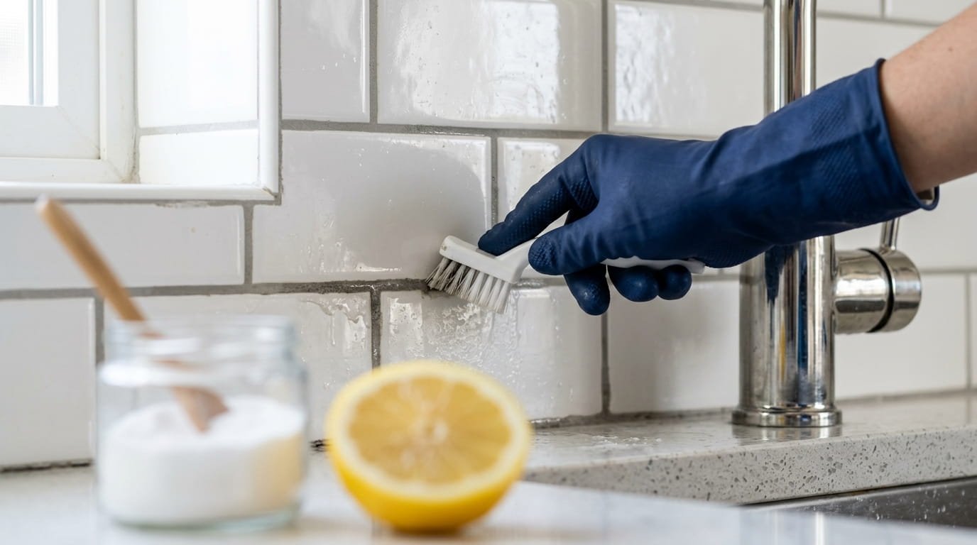 A close-up photograph of a gloved hand using a white brush to scrub the gray grout lines between white subway tiles behind a kitchen faucet, next to a blurred lemon and baking soda.