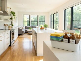 A wide-angle photograph of a pristine, sunlit kitchen and living area with white cabinets and hardwood floors, gleaming after a complete deep clean. A cleaning caddy stocked with microfiber cloths, spray bottles, and a grout brush sits on the kitchen island.