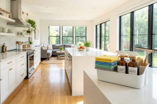 A wide-angle photograph of a pristine, sunlit kitchen and living area with white cabinets and hardwood floors, gleaming after a complete deep clean. A cleaning caddy stocked with microfiber cloths, spray bottles, and a grout brush sits on the kitchen island.