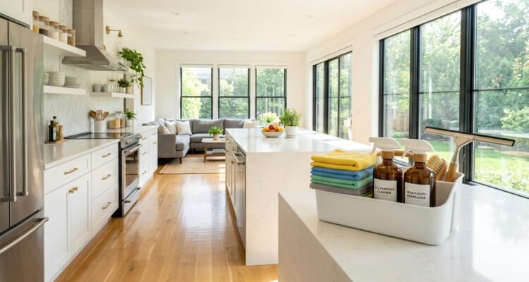 A wide-angle photograph of a pristine, sunlit kitchen and living area with white cabinets and hardwood floors, gleaming after a complete deep clean. A cleaning caddy stocked with microfiber cloths, spray bottles, and a grout brush sits on the kitchen island.