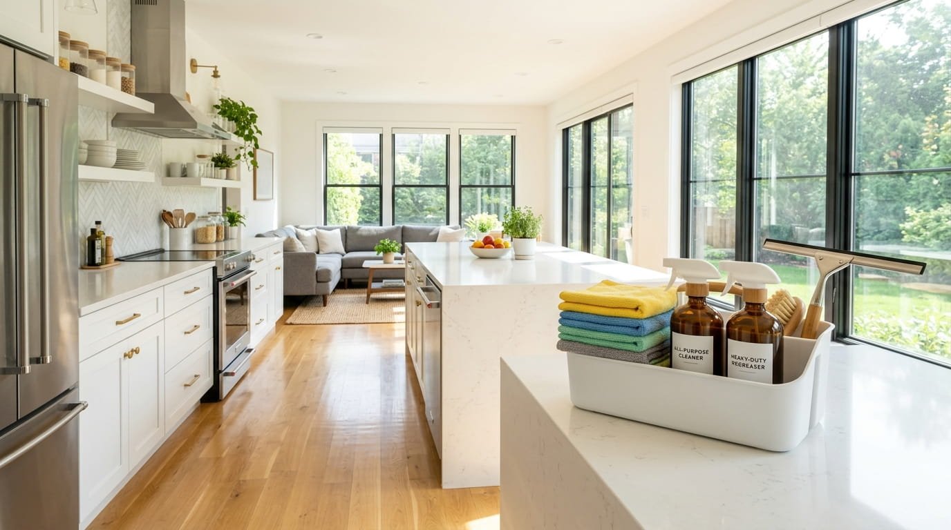 A wide-angle photograph of a pristine, sunlit kitchen and living area with white cabinets and hardwood floors, gleaming after a complete deep clean. A cleaning caddy stocked with microfiber cloths, spray bottles, and a grout brush sits on the kitchen island.