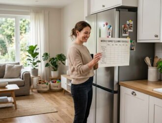 A modern family standing in a clean and organized home holding a weekly cleaning schedule, representing stress-free home management and daily cleaning routine planning.