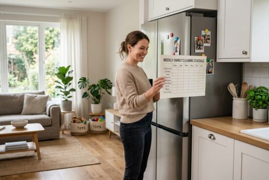 A modern family standing in a clean and organized home holding a weekly cleaning schedule, representing stress-free home management and daily cleaning routine planning.