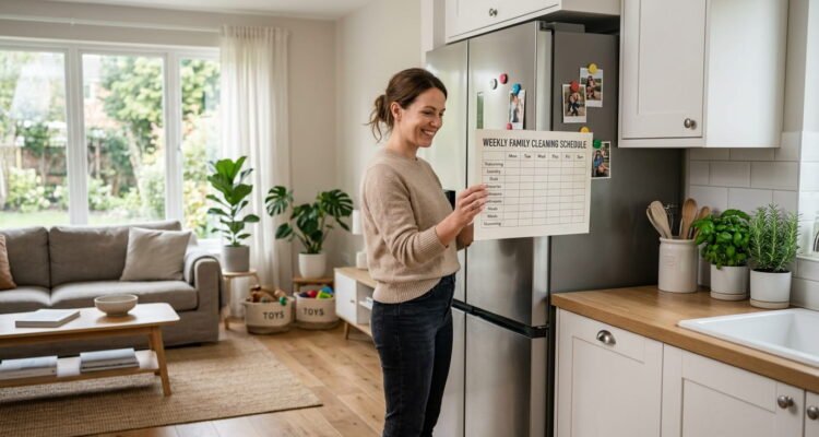 A modern family standing in a clean and organized home holding a weekly cleaning schedule, representing stress-free home management and daily cleaning routine planning.