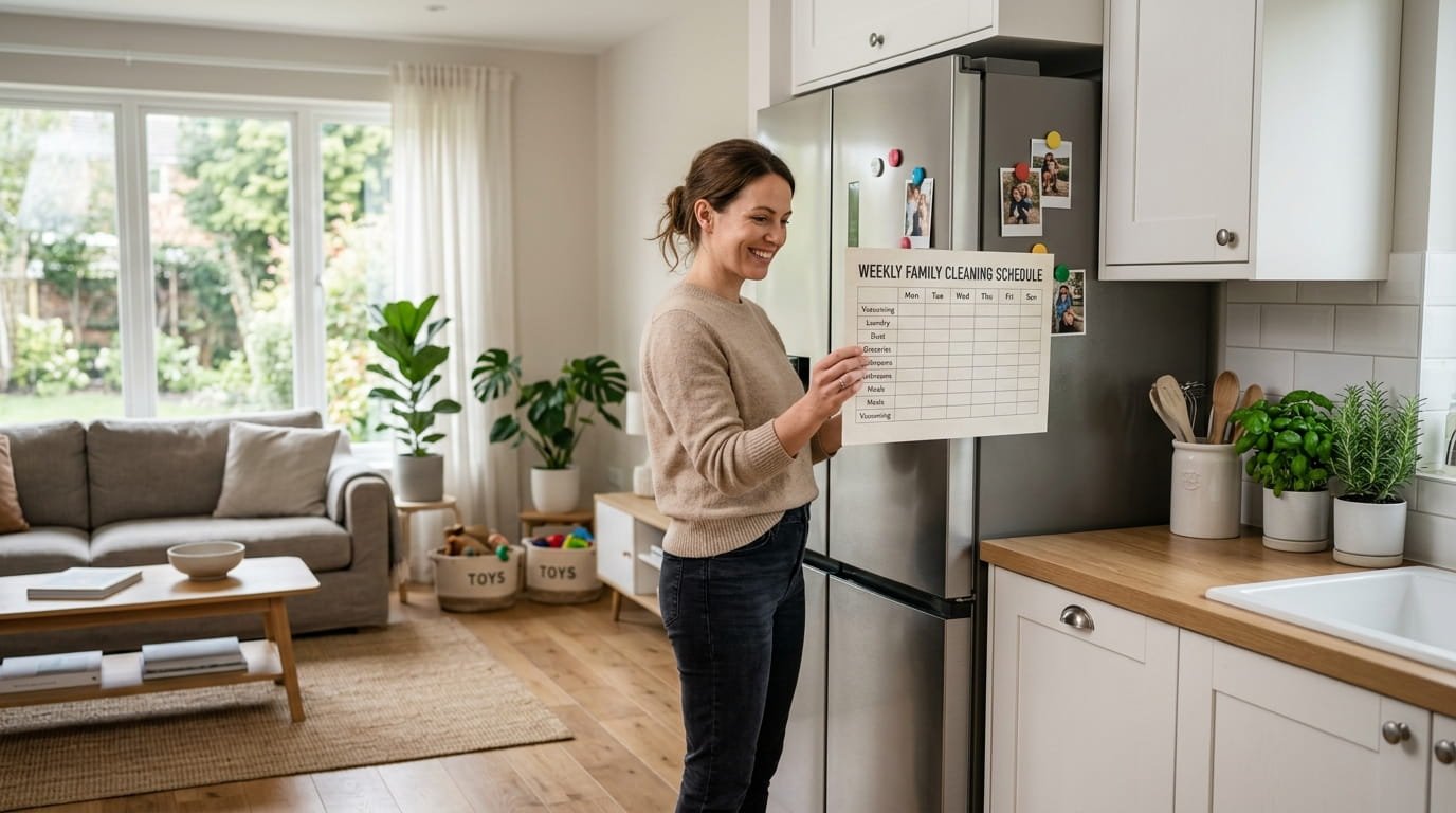 A modern family standing in a clean and organized home holding a weekly cleaning schedule, representing stress-free home management and daily cleaning routine planning.