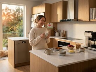 Organized family kitchen at sunrise with clean countertops, a running dishwasher, and a parent enjoying a peaceful morning coffee.