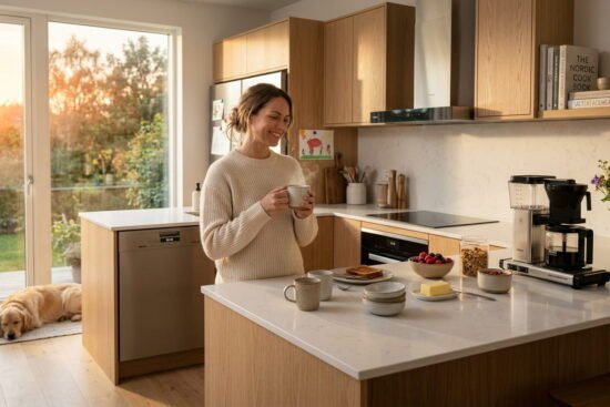 Organized family kitchen at sunrise with clean countertops, a running dishwasher, and a parent enjoying a peaceful morning coffee.