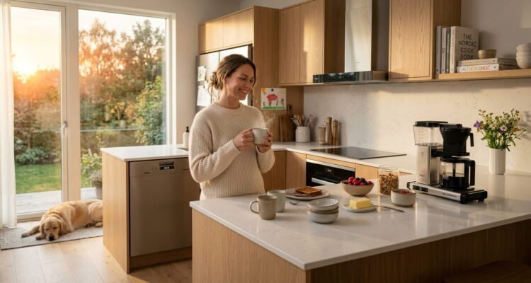 Organized family kitchen at sunrise with clean countertops, a running dishwasher, and a parent enjoying a peaceful morning coffee.
