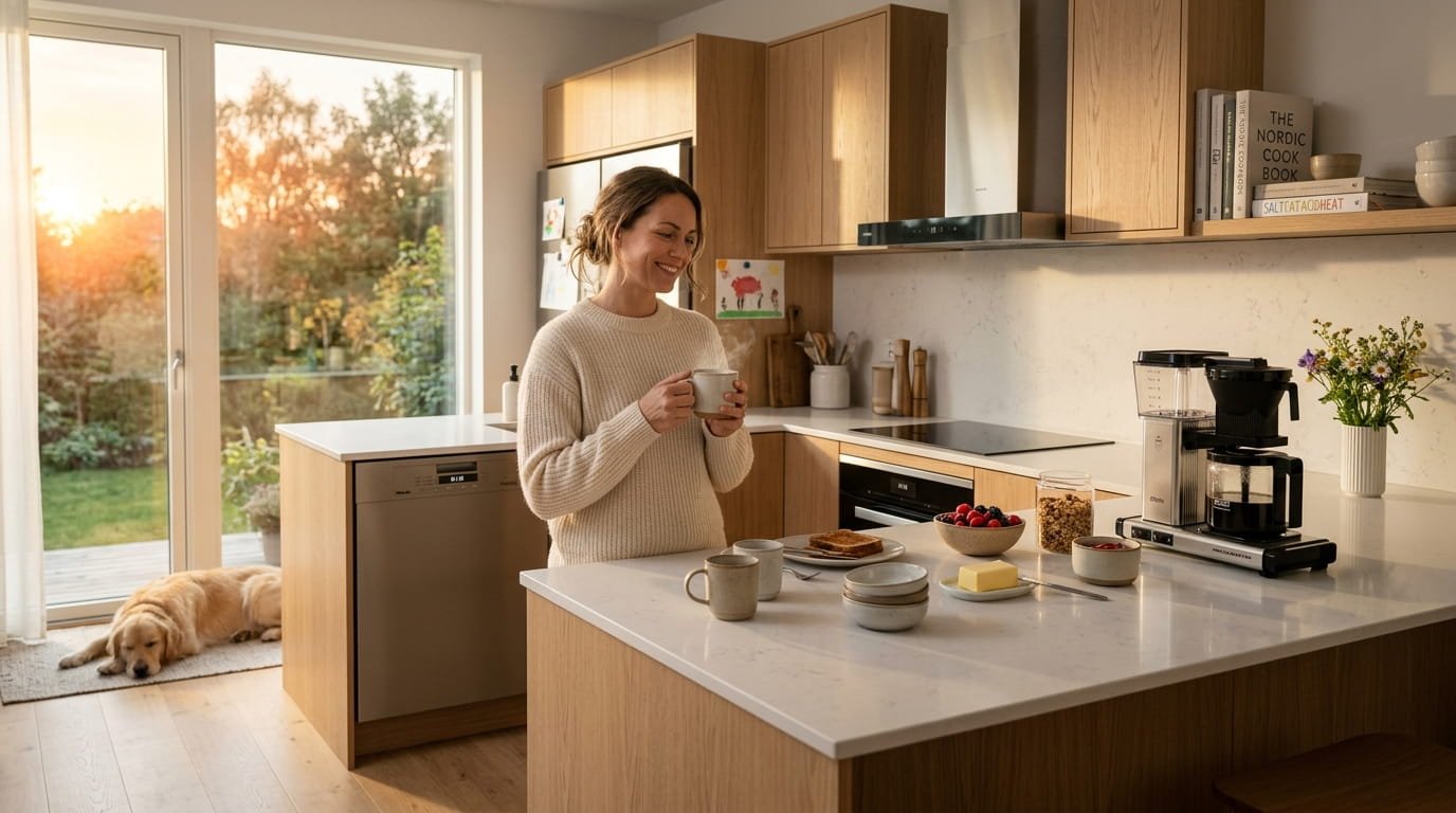Organized family kitchen at sunrise with clean countertops, a running dishwasher, and a parent enjoying a peaceful morning coffee.