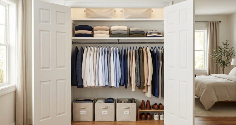 Organized budget closet with slim velvet hangers and fabric storage bins