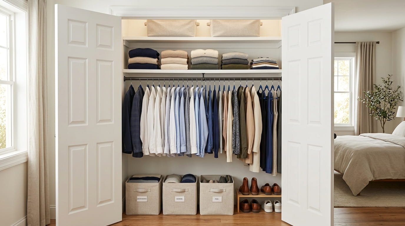 Organized budget closet with slim velvet hangers and fabric storage bins
