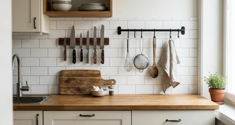 Small kitchen with a wall rail and knife strip above a clear counter