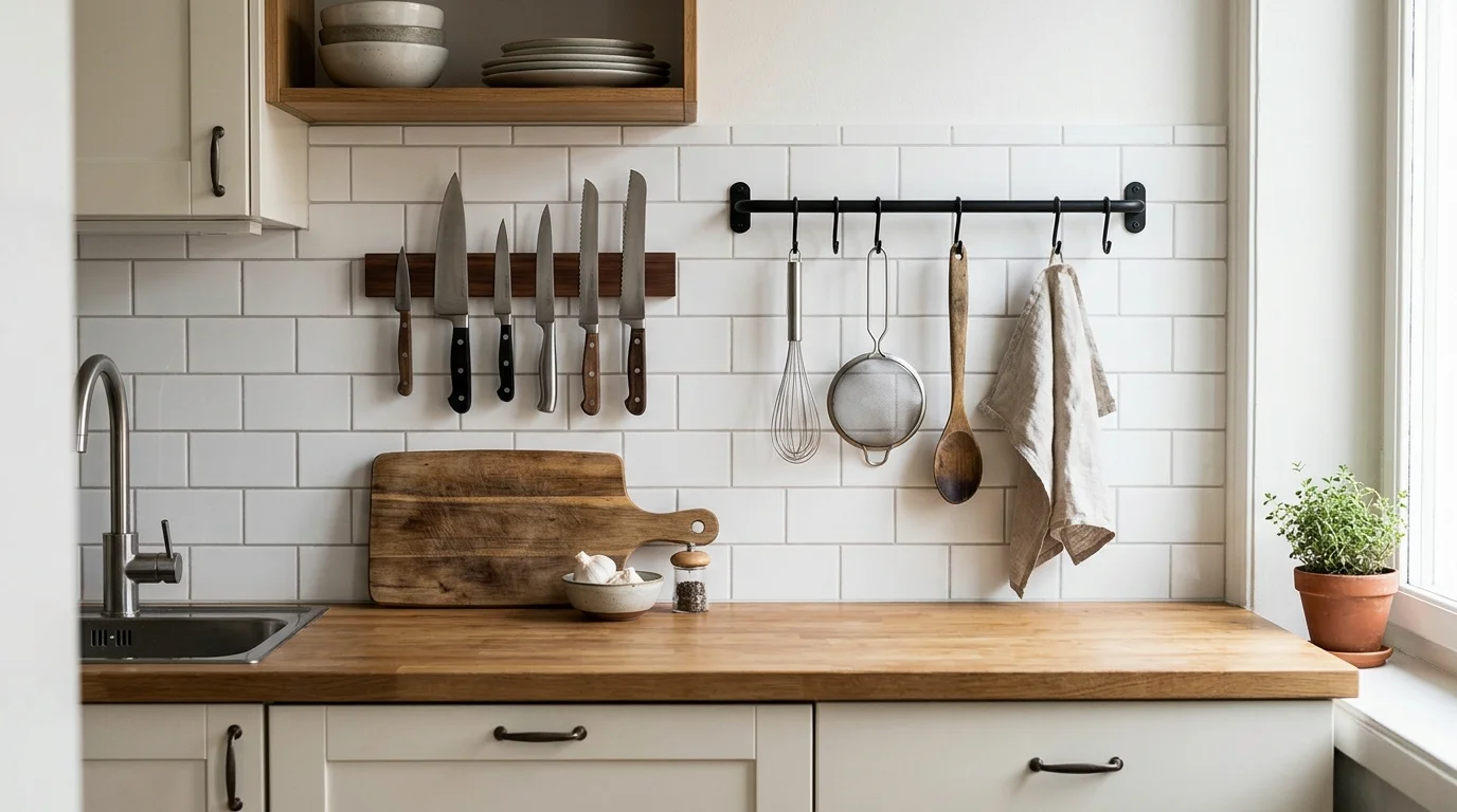 Small kitchen with a wall rail and knife strip above a clear counter