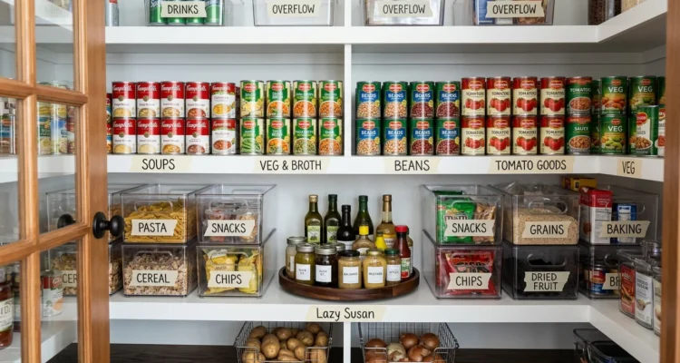 Organized pantry with clear open-front bins, a lazy Susan, rows of canned goods and masking tape shelf labels