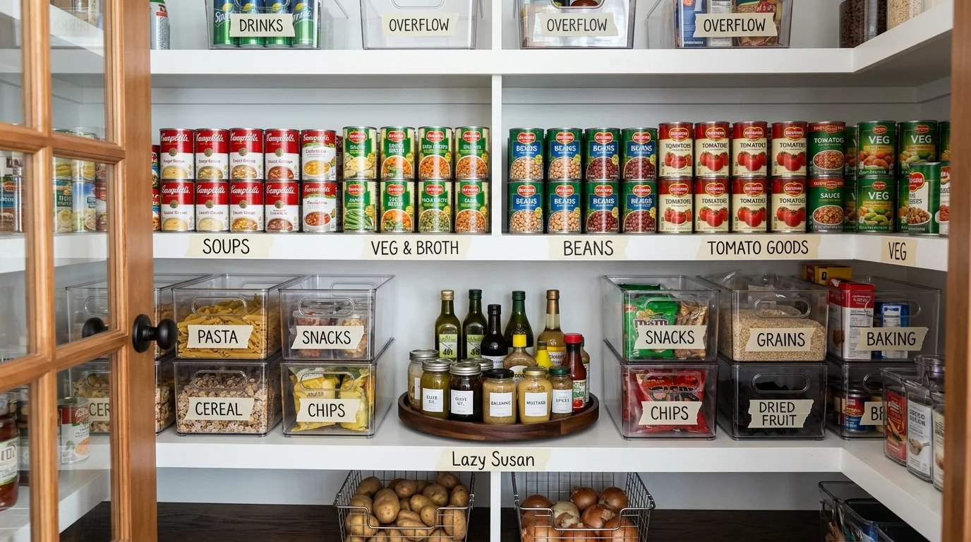 Organized pantry with clear open-front bins, a lazy Susan, rows of canned goods and masking tape shelf labels