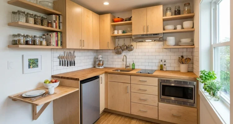 Small kitchen layout with a clear path between the sink, stove, and fridge