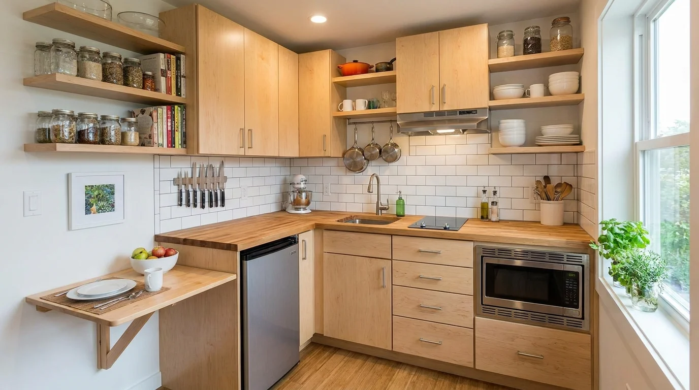 Small kitchen layout with a clear path between the sink, stove, and fridge