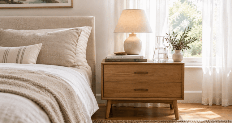 A beautifully styled wooden nightstand