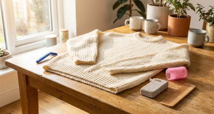 A restored sweater laid flat next to household items used to remove fabric pilling, including a razor, hair roller, and pumice stone.