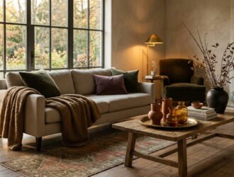 A sunlit, cozy living room styled for autumn with a cream sofa, camel bouclé throw, moss green velvet pillows, aged brass decor, and tall branches in a ceramic urn.