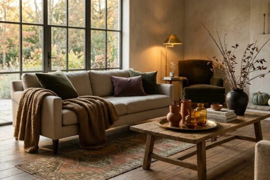 A sunlit, cozy living room styled for autumn with a cream sofa, camel bouclé throw, moss green velvet pillows, aged brass decor, and tall branches in a ceramic urn.