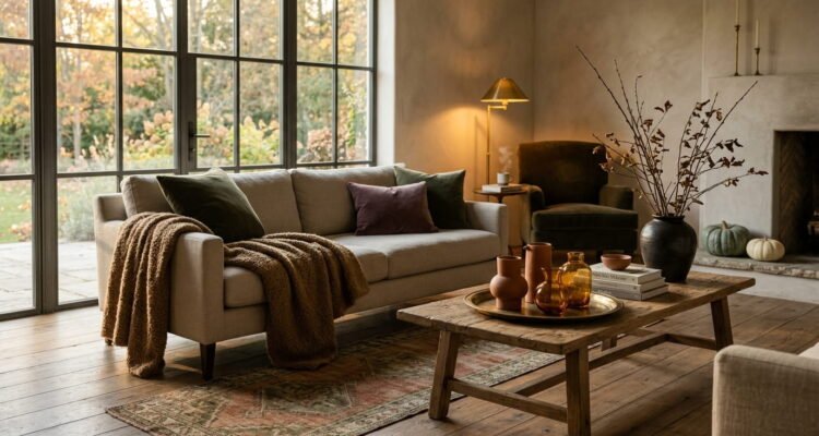 A sunlit, cozy living room styled for autumn with a cream sofa, camel bouclé throw, moss green velvet pillows, aged brass decor, and tall branches in a ceramic urn.