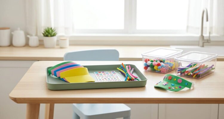 Low-mess kid-friendly Dollar Tree craft supplies organized on a plastic tray at a clean kitchen table