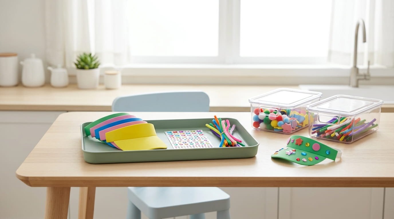 Low-mess kid-friendly Dollar Tree craft supplies organized on a plastic tray at a clean kitchen table