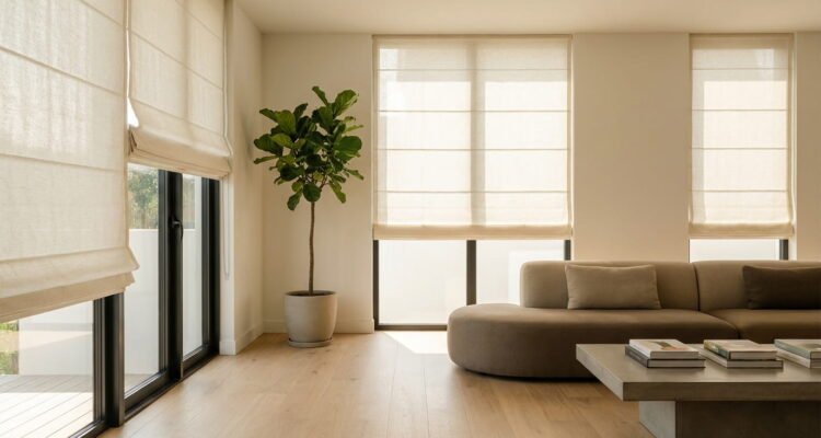 Clean cream-colored fabric Roman shades installed on large living room windows.