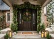 Complete Christmas door decoration setup with garland frame and wreath