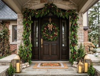Complete Christmas door decoration setup with garland frame and wreath