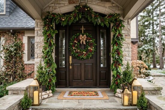 Complete Christmas door decoration setup with garland frame and wreath