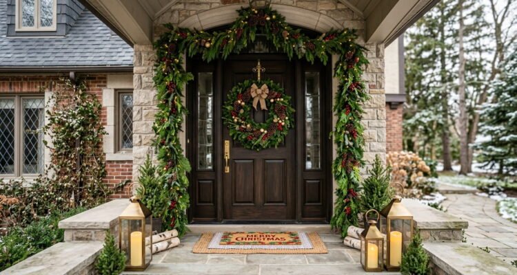 Complete Christmas door decoration setup with garland frame and wreath
