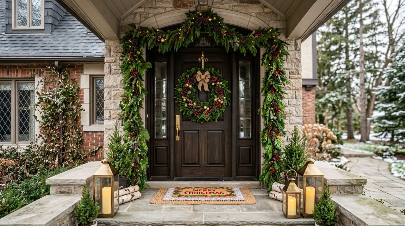 Complete Christmas door decoration setup with garland frame and wreath
