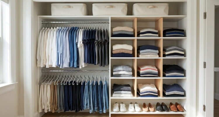 Double-hung rod and shoe shelf in 4-foot reach-in closet organizer for small closet.