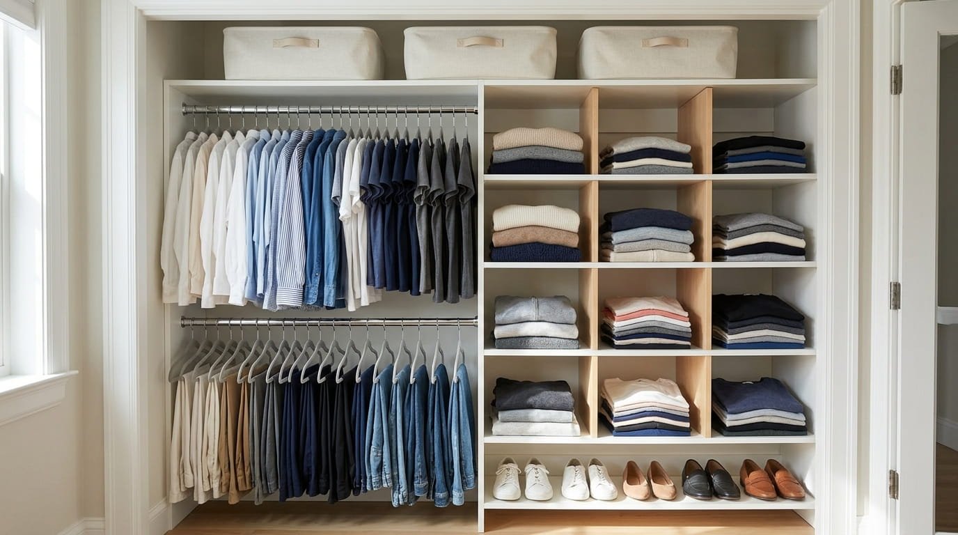 Double-hung rod and shoe shelf in 4-foot reach-in closet organizer for small closet.