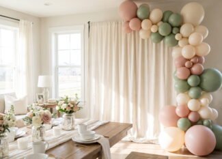 Elegant baby shower decorations for home in a bright living room with linen backdrop and matte balloons