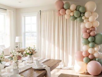 Elegant baby shower decorations for home in a bright living room with linen backdrop and matte balloons
