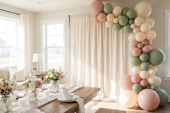Elegant baby shower decorations for home in a bright living room with linen backdrop and matte balloons