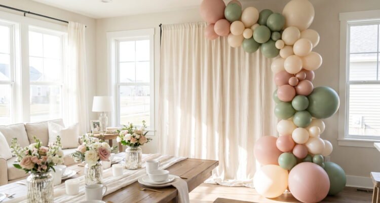 Elegant baby shower decorations for home in a bright living room with linen backdrop and matte balloons