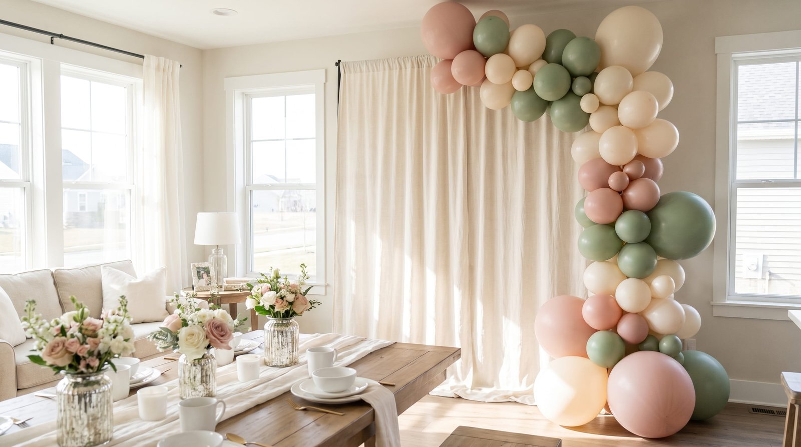Elegant baby shower decorations for home in a bright living room with linen backdrop and matte balloons