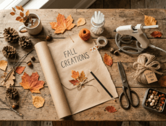 Fall craft supplies including twine, leaves, and pinecones laid out on a wooden table