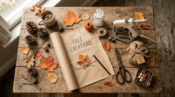 Fall craft supplies including twine, leaves, and pinecones laid out on a wooden table
