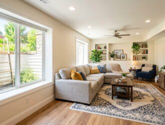 Bright, finished basement living room with couch, area rug, and natural light from an egress window